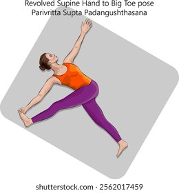 Young woman practicing Parivritta Supta Padangushthasana yoga pose.Revolved Supine Hand to Big Toe pose. Isolated vector illustration.