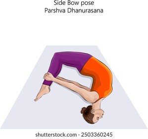 Young woman practicing Parshva Dhanurasana yoga pose. Side Bow pose. Intermediate Difficulty. Isolated vector illustration.