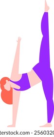 Young woman practicing standing split yoga pose, balancing on one leg with arms and leg raised, stretching body and improving flexibility, promoting healthy lifestyle and wellness