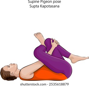 Jovem mulher praticando supta Kapotasana ioga pose. Posto de Pombo Suino, Posto de Porco Quatro. Dificuldade Intermediária. Ilustração isolada de vetor.