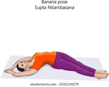 Jovem mulher praticando supta Nitambasana ioga pose. Meia-lua em forma de banana ou meia-lua em forma de supino. Dificuldade para iniciantes. Ilustração isolada de vetor.