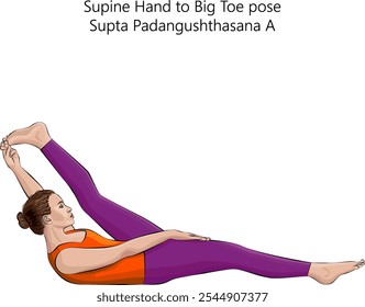 Jovem mulher praticando Supta Padangushthasana Uma pose de ioga. Mão supina para o pé grande pose. Dificuldade Intermediária. Ilustração isolada de vetor.