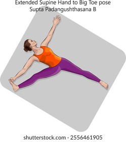 Young woman practicing Supta Padangushthasana B yoga pose.Extended Supine Hand to Big Toe pose. Intermediate Difficulty. Isolated vector illustration.