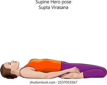 Jovem mulher praticando supta virasana ioga pose. Suine Hero pose ou Saddle pose. Dificuldade Intermediária. Ilustração isolada de vetor.