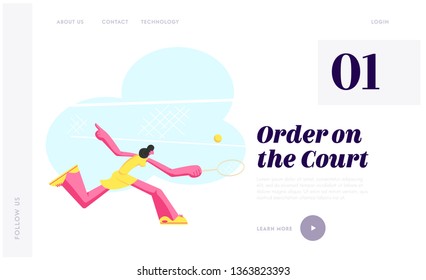 Young Woman Practicing Tennis Game. Sportswoman Character in Motion Trying to Hit Ball with Racket on Court, Girl Tennis Player Website Landing Page, Web Page. Cartoon Flat Vector Illustration, Banner