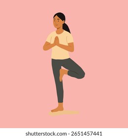 Mujer joven practicando yoga de pose de árbol sobre fondo rosa - Ilustración vectorial plana