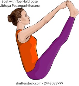 Young woman practicing Ubhaya Padangushthasana pose. Boat with Toe Hold pose. Both Big Toes or Double Toe Hold pose. Isolated vector illustration.