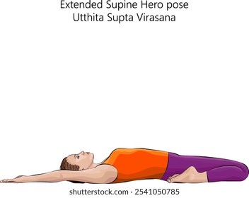 Jovem mulher praticando Utthita Supta Virasana ioga pose. Pose estendida do herói supino. Dificuldade Intermediária. Ilustração isolada de vetor.