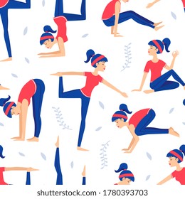 Young Woman Practicing Various Asana Poses Seamless Pattern, Yoga Lessons, Design Element Can Be Used for Fabric, Packaging, Web Page, Wrapping Paper, Vector Illustration