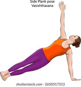 Young woman practicing Vasishthasana yoga pose. Side Plank yoga pose. Isolated vector illustration.