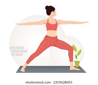 Young woman practicing Virabhadrasana, Warrior Pose yoga exercise