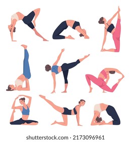 Young Woman Practicing Yoga Asanas Stretching Body Standing in Different Pose Vector Set