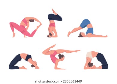 Young Woman Practicing Yoga Asanas Stretching Body Standing in Different Pose Vector Set