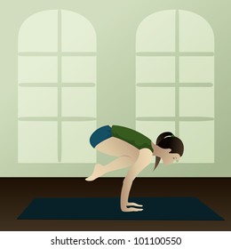 Young woman practicing yoga Bakasana(Crane Yoga Pose) in room