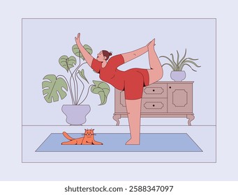 Young woman practicing yoga in a bright room. Stretching on a mat, focusing on flexibility, strength, and mindfulness. Home fitness routine for a healthy body and mind. Flat vector illustration.