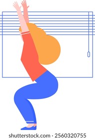 Young woman practicing yoga chair pose utkatasana in front of window blinds, promoting health, wellness, and mindfulness through physical activity