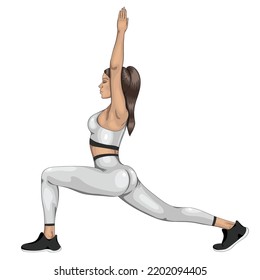 Young woman practicing yoga doing Warrior A Virabhadrasana, workout full length indoors, yoga vector