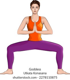 Young woman practicing yoga, doing Goddess pose or Horse Stance pose. Utkata Konasana. Standing and Neutral. Beginner. Vector illustration isolated on white background.