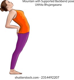 Junge Frau, die Yoga praktiziert, Berge mit unterstützter Rückbiegung Pose oder Stehkrabbe macht. Utthita Bhujangasana. Stehen und Rückbiegung. Vektorgrafik einzeln auf weißem Hintergrund.		