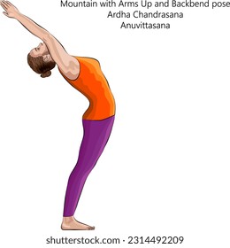 Junge Frau, die Yoga praktiziert, Berg mit Waffen Up und Backbiege Pose. Ardha Chandrasana. Anuvittasana. Stehen und Rückbiegung. Anfänger. Vektorgrafik einzeln auf weißem Hintergrund.		