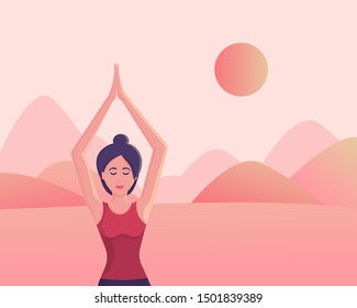 Young woman practicing yoga exercise outdoor, nature behind, new experience. Woman holds hands over her head. Female cartoon character. Colorful vector illustration.