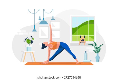 Young Woman Practicing Yoga Exercise On The Mat At Home. A Dog Lies On A Windowsill. Concept Living Room With Window, Plants, Girl, Lamps, Person Indoor Activity. Flat Vector Illustration. 