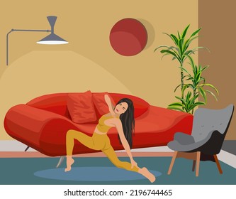 Young woman practicing yoga exercise at home. Mid century modern style room with sofa, chair, plant. Pretty girl wearing sport outfit. Cartoon style flat vector illustration.