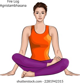 Young woman practicing yoga exercise, doing Fire Log pose or Double Pigeon pose or Square pose. Agnistambhasana. Seated and Neutral. Beginner. Vector illustration isolated on white background.
