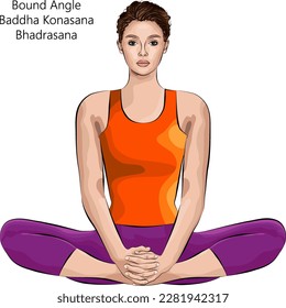 Young woman practicing yoga exercise, doing Butterfly or Bound Angle pose. Baddha Konasana or Bhadrasana. Seated and Neutral. Beginner. Vector illustration isolated on white background.