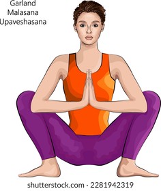 Young woman practicing yoga exercise, doing Garland pose or Yogi Squat pose. Malasana or Upaveshasana. Seated and Balancing. Beginner. Vector illustration isolated on white background.