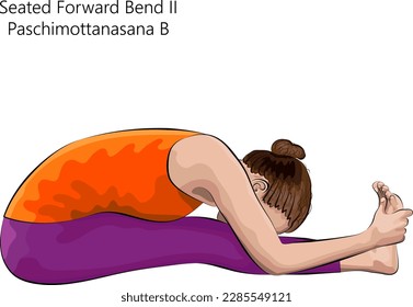Young woman practicing yoga exercise, doing Seated Forward Bend 2 pose or Intense West Stretch. Paschimottanasana B. Seated and Forward Bend. Beginner. Vector illustration isolated on white background
