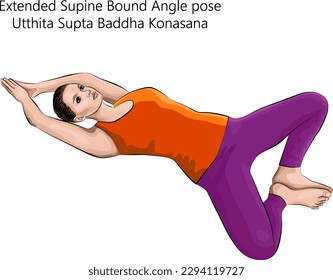 Young woman practicing yoga exercise, doing Extended Supine Bound Angle pose. Utthita Supta Baddha Konasana. Supine and Neutral. Beginner. Vector illustration isolated on white background.