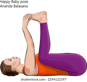 Young woman practicing yoga exercise, doing Blissful Baby pose or Happy Baby pose or Dead Bug pose. Ananda Balasana. Supine and Balansing. Beginner. Vector illustration isolated on white background.