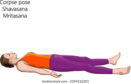 Young woman practicing yoga exercise, doing Corpse pose. Shavasana or Mritasana. Supine and Neutral. Beginner. Vector illustration isolated on white background.