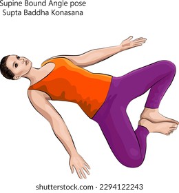 Young woman practicing yoga exercise, doing Supine Bound Angle pose. Supta Baddha Konasana. Supine and Neutral. Beginner. Vector illustration isolated on white background.