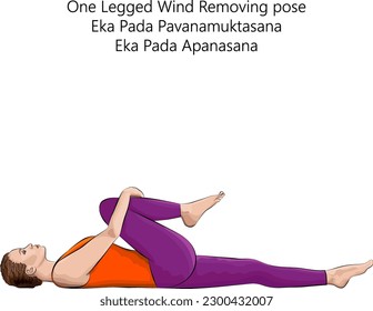 Young woman practicing yoga exercise, doing One Legged Wind Removing pose. Eka Pada Pavanamuktasana. Eka Pada Apanasana. Supine and Forward Bend. Vector illustration isolated on white background.