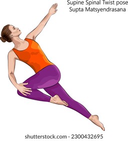 Young woman practicing yoga exercise, doing Supine Spinal Twist pose. Supta Matsyendrasana. Supine and Twist. Beginner. Vector illustration isolated on white background.