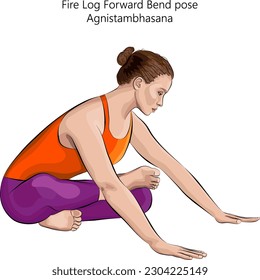 Young woman practicing yoga exercise, doing Fire Log Forward Bend pose. Agnistambhasana. Seated and Forward Bend. Beginner. Vector illustration isolated on white background.