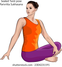 Young woman practicing yoga exercise, doing Seated Twist pose. Parivritta Sukhasana. Seated and Twist. Beginner. Vector illustration isolated on white background.