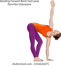 Young woman practicing yoga exercise, doing Standing Forward Bend Twist pose or Twisted Forward Bend pose. Parivritta Uttanasana. Vector illustration isolated on white background.