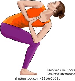 Young woman practicing yoga exercise, doing Revolved Chair pose. Parivritta Utkatasana. Standing and Twist. Beginner. Vector illustration isolated on white background.