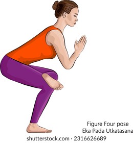 Mujer joven practicando el ejercicio de yoga, haciendo una pose en la Figura Cuatro o una pichón permanente o una silla de una pierna. Eka Pada Utkatasana. De pie y de equilibrio. Ilustración vectorial aislada en fondo blanco.