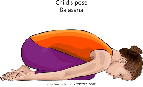 Young woman practicing yoga exercise, doing Child pose. Balasana. Prone and Forward Bend. Beginner. Isolated vector illustration.