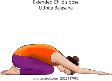 Young woman practicing yoga exercise, doing Extended Child pose. Utthita Balasana. Prone and Forward Bend. Beginner. Isolated vector illustration.