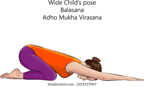 Young woman practicing yoga exercise, doing Wide Child pose. Downward Facing Hero or Forward Facing Hero pose. Balasana. Adho Mukha Virasana. Prone and Forward Bend. Isolated vector illustration.