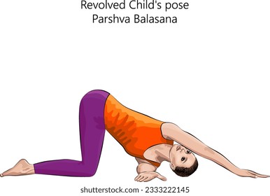 Mujer joven practicando ejercicio de yoga, haciendo pose del niño rivalizado o Hilo de la aguja. Parshva Balasana. Soporte y giro de la pierna de los brazos. Principiante. Ilustración vectorial aislada.