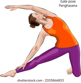Young woman practicing yoga exercise, doing Gate pose or Beam pose. Parighasana. Arm Leg Support and Lateral Bend. Beginner.  Isolated vector illustration.