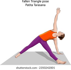 Junge Frau, die Yoga-Übungen, Fallen-Dreieck-Pose oder Fallen-Star-Pose macht. Patita Tarasana. Unterstützung für den Arm und Rückbiegung. Zwischenschaltung. Einzige Vektorgrafik.