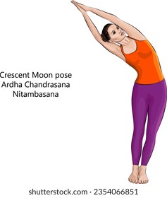 Young woman practicing yoga exercise, doing Crescent Moon pose or Half Moon pose. Ardha Chandrasana or Nitambasana. Standing and Lateral Bend. Intermediate. Isolated vector illustration.