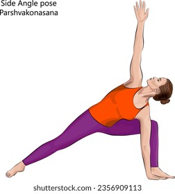 Young woman practicing yoga exercise, doing Side Angle pose. Parshvakonasana. Standing and Lateral Bend. Intermediate. Isolated vector illustration.